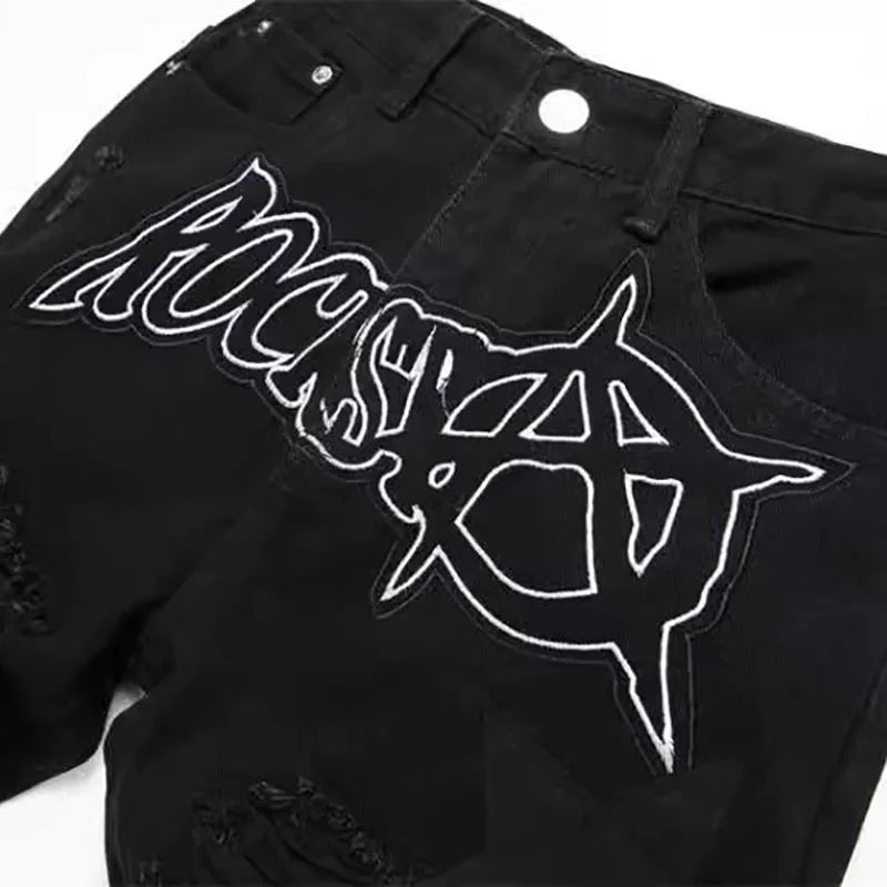 STORESDE Autumn And Winter Retro Black Ripped Jeans Men'S Straight Leg Pants Pentagram Patch Casual Jeans Pants