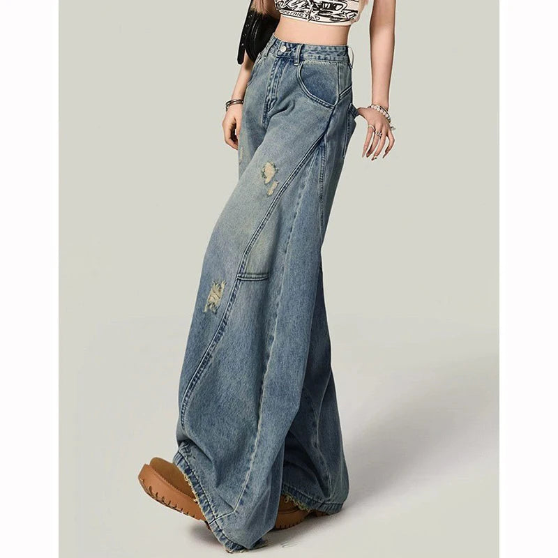 STORESDE Hot Sale Girls Leisure Daily Jeans Women Ins Fashion High Waist Straight Leg Pants Female Chic Ripped Loose Denim Trousers