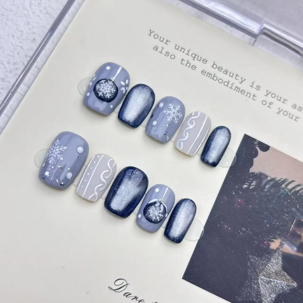 STORESDE 10pcs Handmade Press on Nails Christmas Frozen Blue Cat-Eye Full Coverage Nail Tips for Women&Girl Removable Wearable Nail Art