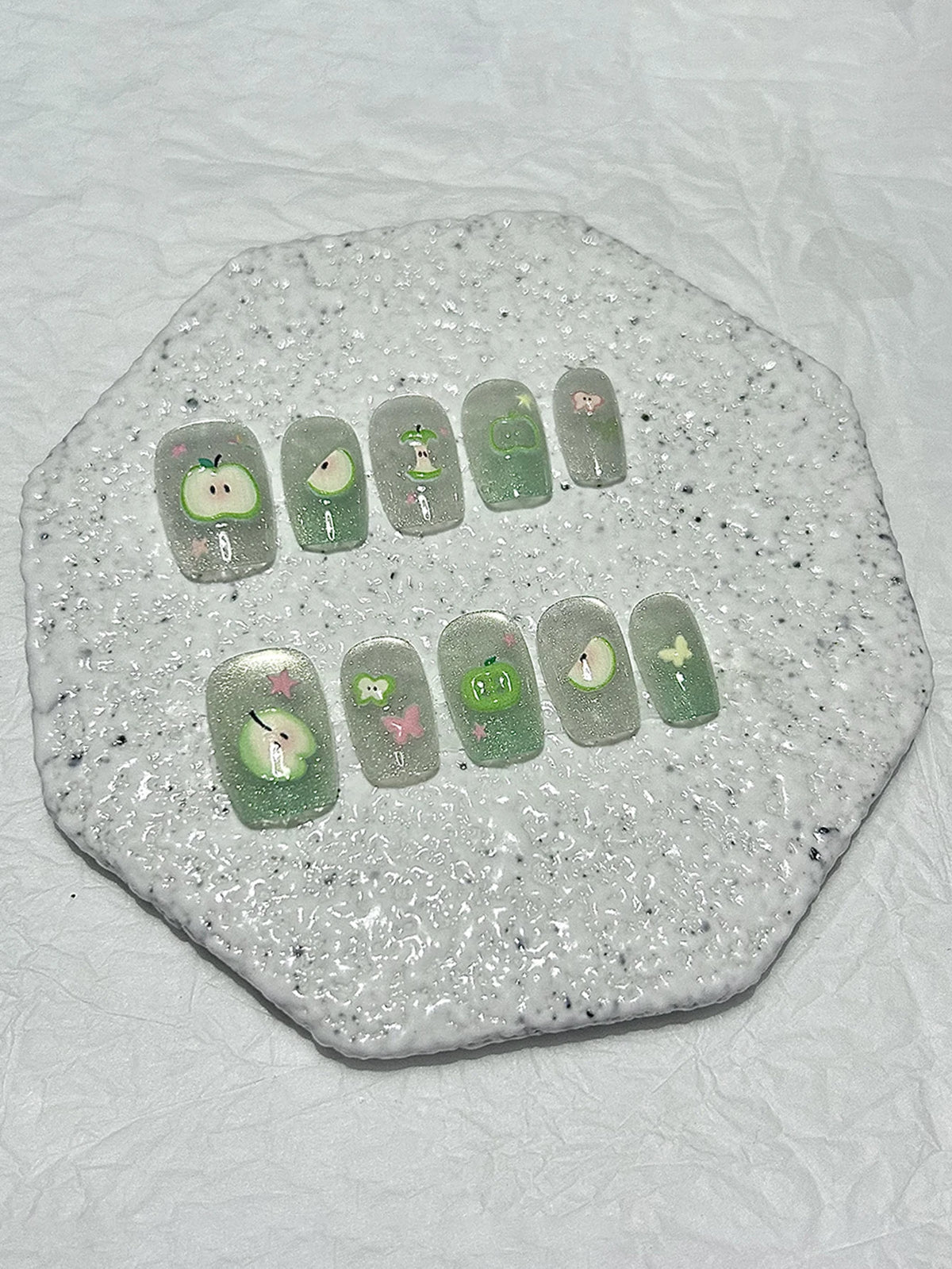 STORESDE 10 Pieces Summer Sweet Handmade Press On Nails Butterfly Green Apple Fine Glitter Cat Eye Fake Nails Removable Reusable