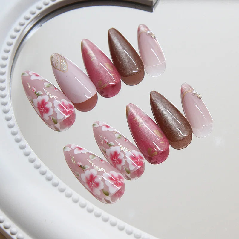 STORESDE 24Pcs Peach Blossom Press on Nails Cat's Eye Nude Glitter False Nail for Women&Girl Spring and Summer Detachable Wearable Nail
