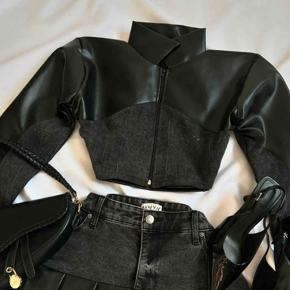 STORESDE Y2K Black Leather Spliced Denim Two Piece Set Women Harajuku Zipper Long Sleeved Jacket New Sexy Pleated Skirt Motorcycle Suit
