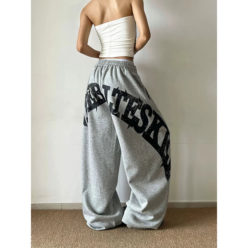 STORESDE YIBASHU Women Grey Baggy Wide Leg Sweatpants American Letter Print Pants Harajuku Japanese 2000s Style Vintage Y2k Casual Trouse