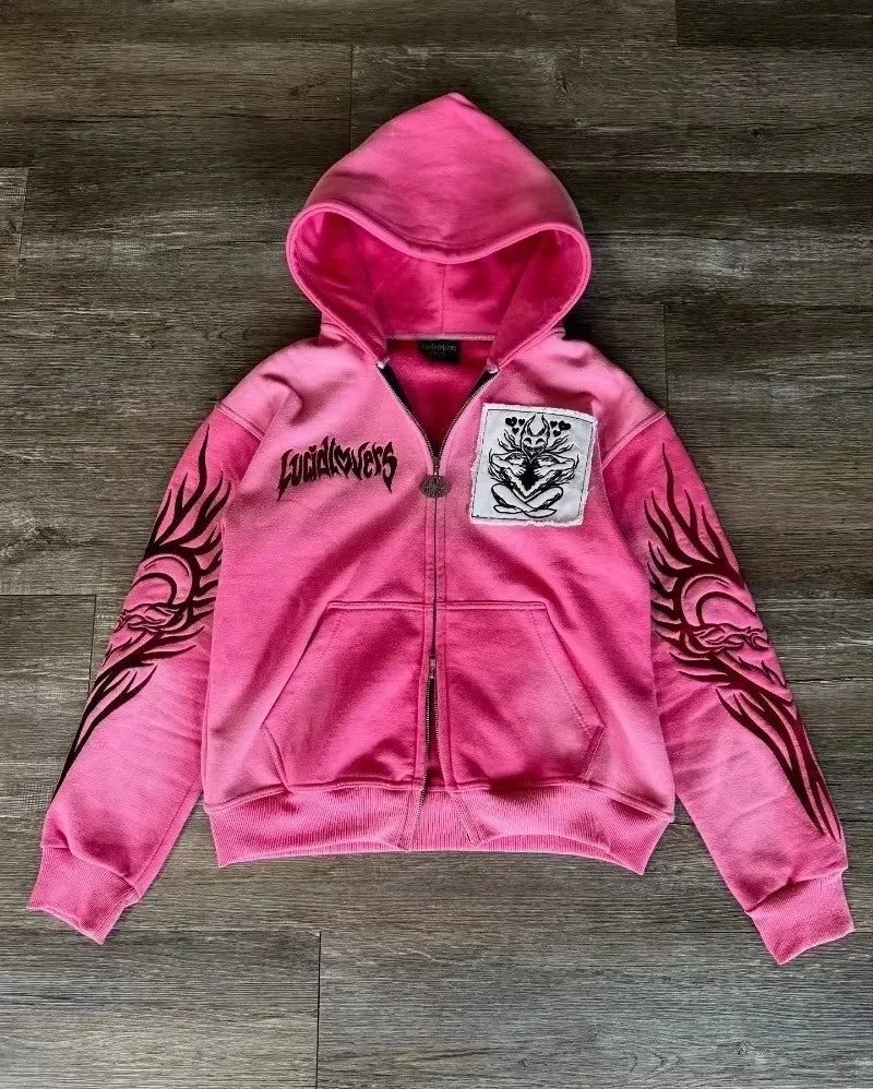 STORESDE American New Fashion Letter Embroidery Patch Zipper Sweater Women Y2K Harajuku Vintage Gothic Casual Joker Sports Sweater
