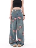 STORESDE 2025 Ropa Y2K Fashion Peach Blossom Printed Baggy Jeans Pants For Women Clothing Wide Leg Casual Lady Trousers Pantalon Femme