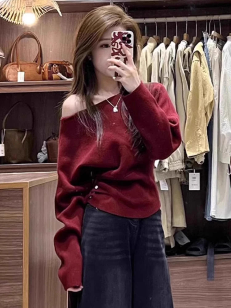 STORESDE Korean Vintage Off Shoulder Solid Sweaters Women Grunge Casual Streetwear Knitted Pullovers Loose Y2k Aesthetic Jumpers Females