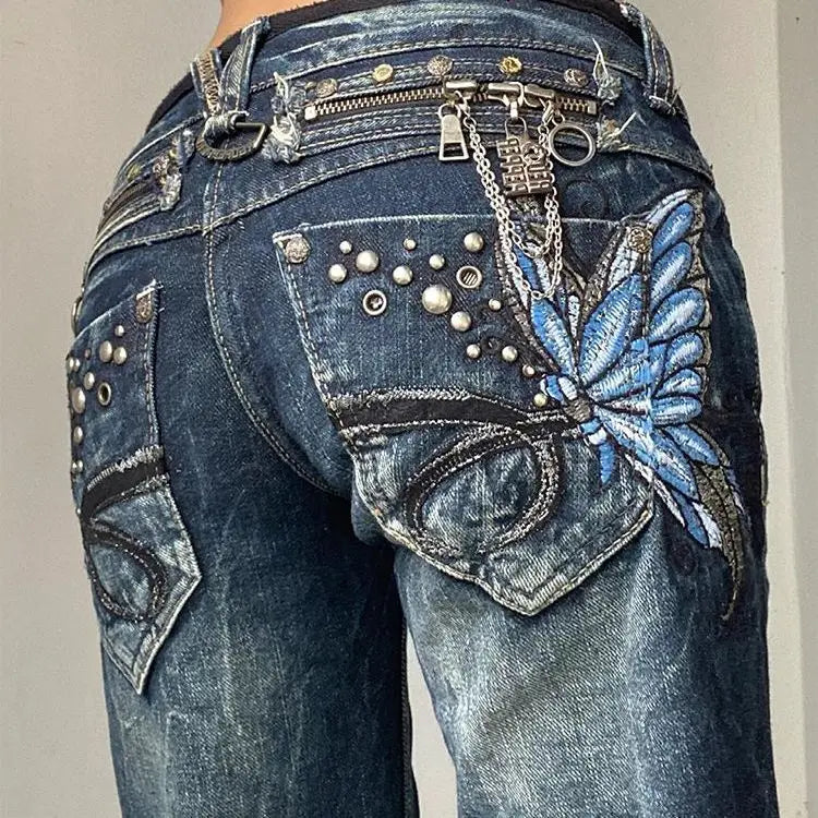 STORESDE American Fashion High Street Large Size Butterfly Embroidered Women Jeans Y2K Millennium Harajuku Slim Flared Jeans