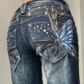 STORESDE American Fashion High Street Large Size Butterfly Embroidered Women Jeans Y2K Millennium Harajuku Slim Flared Jeans