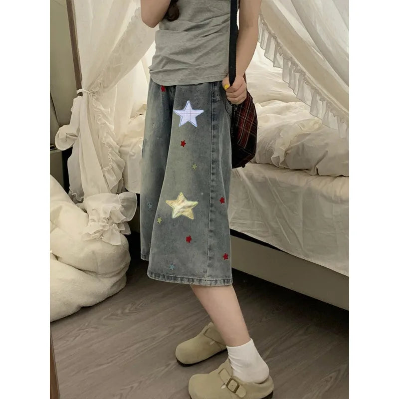 STORESDE American Vintage Women's Straight Leg Capri Jeans 2026 New Star Patchwork Loose Wide Leg Casual Versatile Streetwear Denim Pants