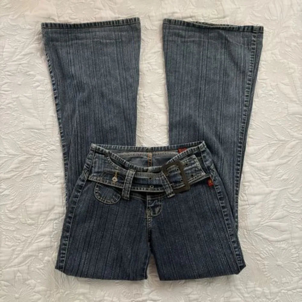 STORESDE Y2K Low Waisted Flare Jeans Hot Girl Slim Fitting Hip Hugging Jeans Original Style Fashionable Long Pants Retro Old School Denim