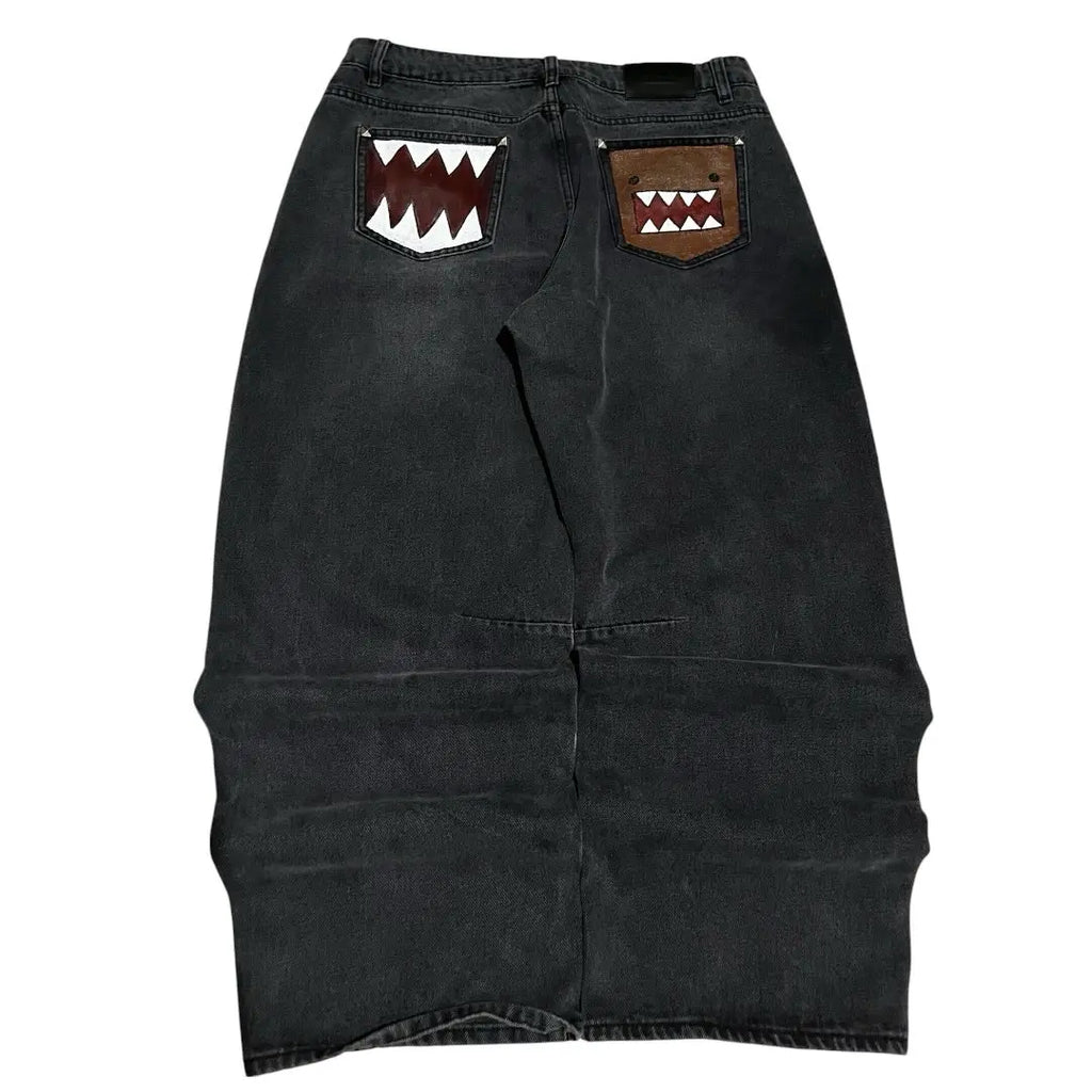 STORESDE Y2k2026 Subculture Fun Monster Teeth Patch Pocket Jeans American Heavy Industry Rivet Old Loose Wide Leg Pants Couple Same Style