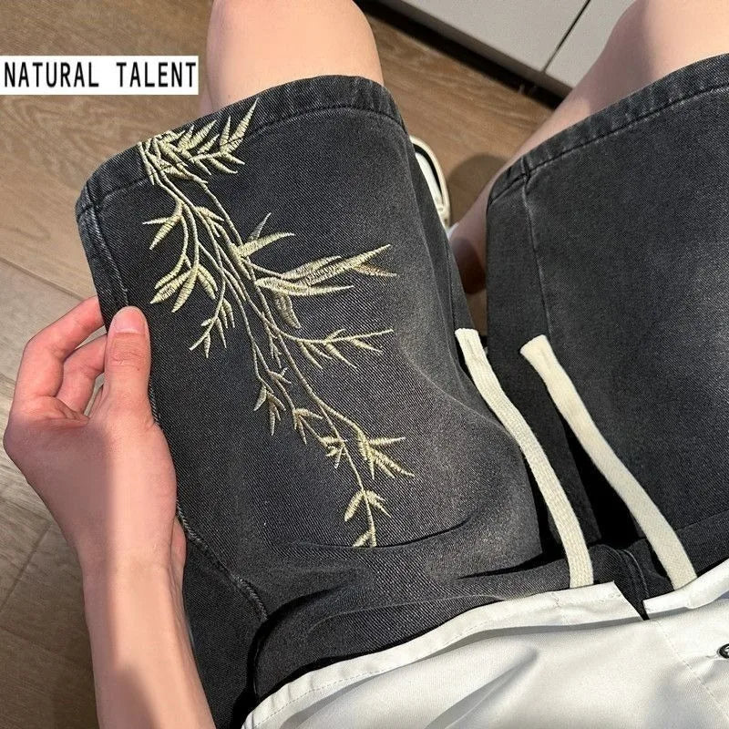 STORESDE Men's 2026 Summer Retro Washed New Chinese Style Embroidered Denim Shorts Thin Loose Plus Size Streetwear 5-Pocket Capri Pants