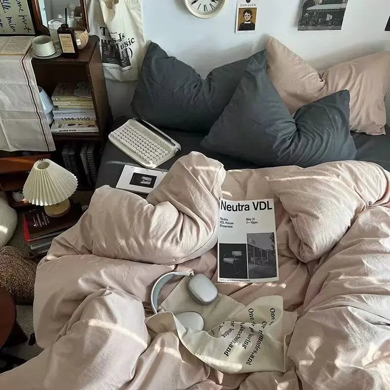 STORESDE Bedding Set Ins Ambiance Blue Coffee Grid Mixed With Washed Cotton Minimalist Four Piece Set Fitted Sheets Duvet Cover