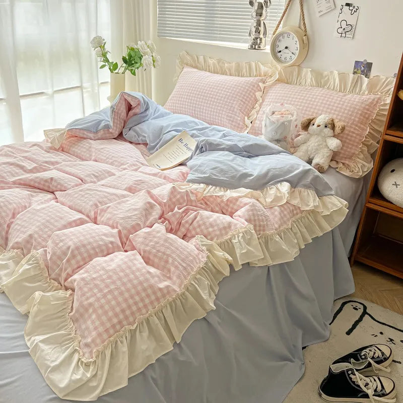 STORESDE Ruffled Pink Blue Duvet Cover Set Twin Queen Washed Microfiber Ultra Soft Bedding set Grid Duvet Cover Bed Sheet 2 Pillowcases