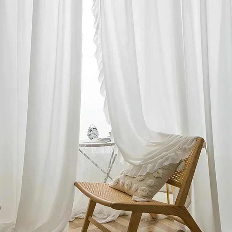 STORESDE White Vintage Ruffle Tulle Curtains For Girls Bedroom Romantic Bay Window Drapes Living Room Soft Chiffon Thicker Sheer