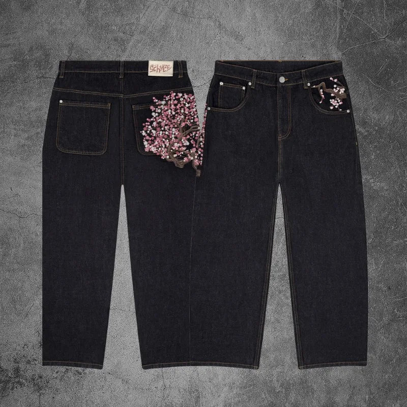 STORESDE Y2k Trendy Baggy Jeans Harajuku Retro Blossom Embroidery Men Pants Gothic High Street Streetwear Unisex Straight Denim Trousers