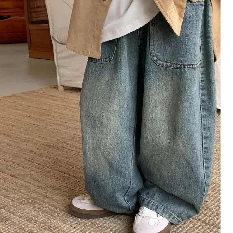 STORESDE Children's Retro Jeans Loose Straight Pants Wide Leg Pants for Boys and Girls 2025 New Spring Autumn Kid's Denim Pocket Trousers