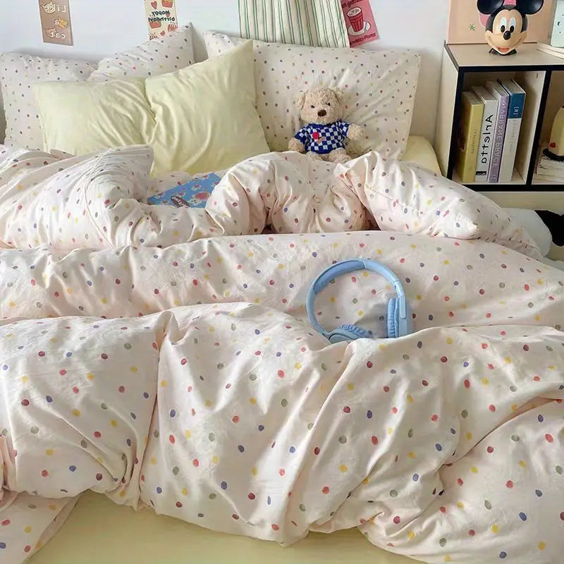STORESDE Fashion Floral Duvet Cover Set with Flat Sheet Pillowcase No Filler Girls Twin Full Queen Size Korean Soft Bedding Set