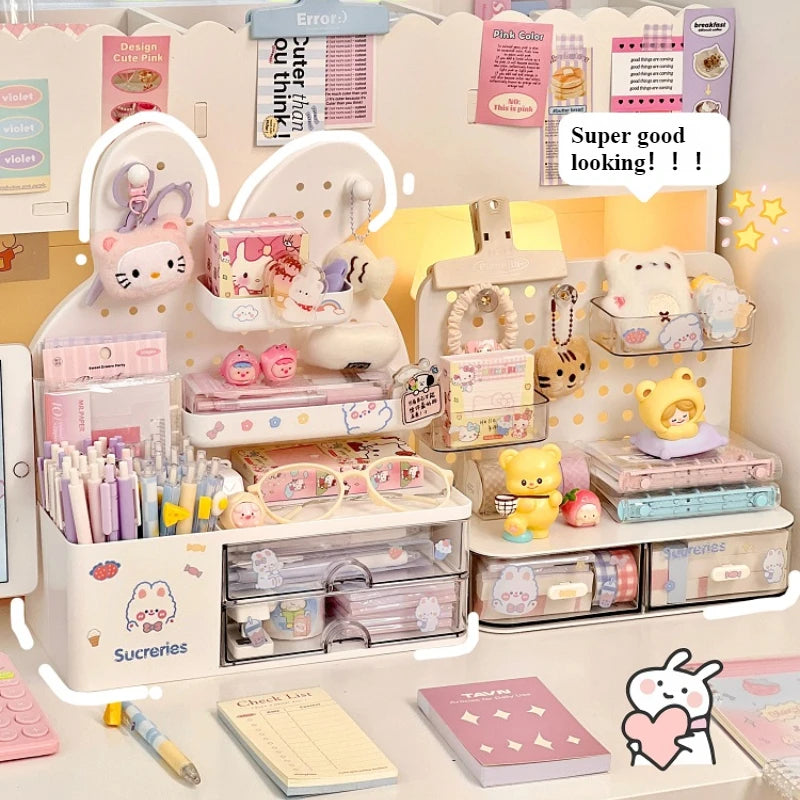 STORESDE Desktop Hole Board Storage Box Desk Organizer Girls Cute Pen Holder Storage Stationary Rack Korean Kawaii Bunny Cosmetic Shelf