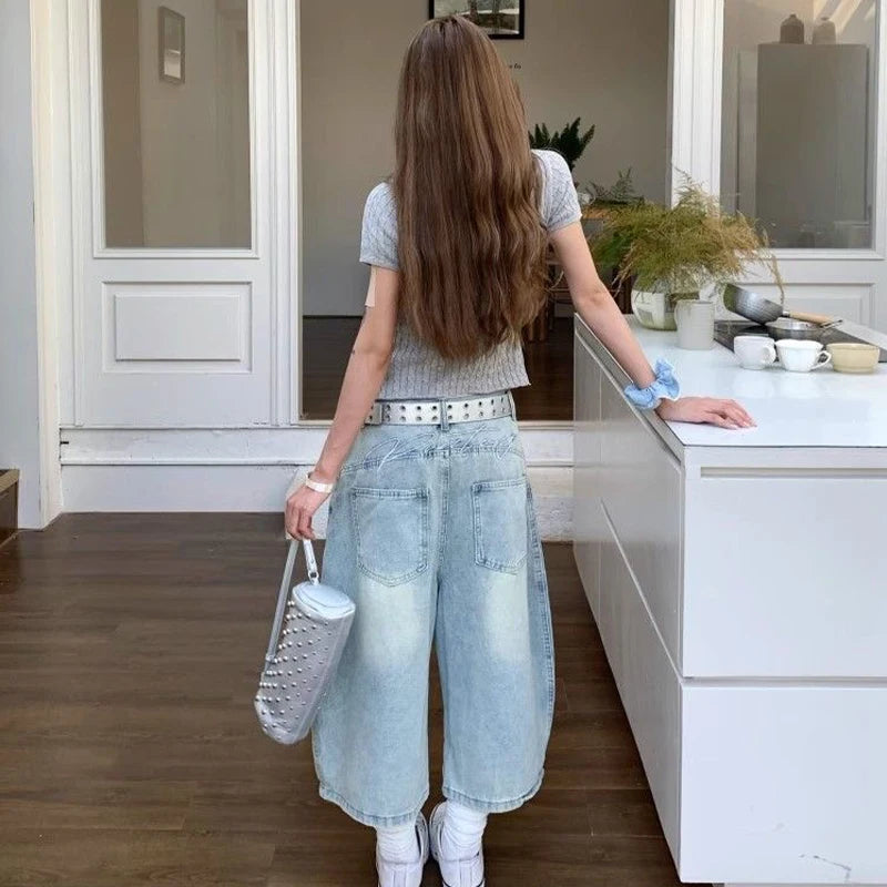 STORESDE 2025 Summer Sexy Vintage Style Harajuku Blue Jeans Women's Y2K Punk Street Baggy Denim Trouser Casual Mop Calf Length Pants