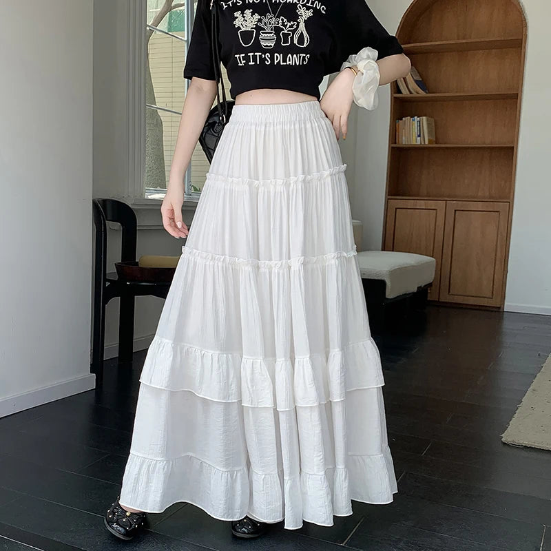 STORESDE White Tiered Ruffle Hem Skirt 2025 - High Waist Flowy A-Line Maxi Skirt, Summer Chiffon Layered Skirt with Pleats
