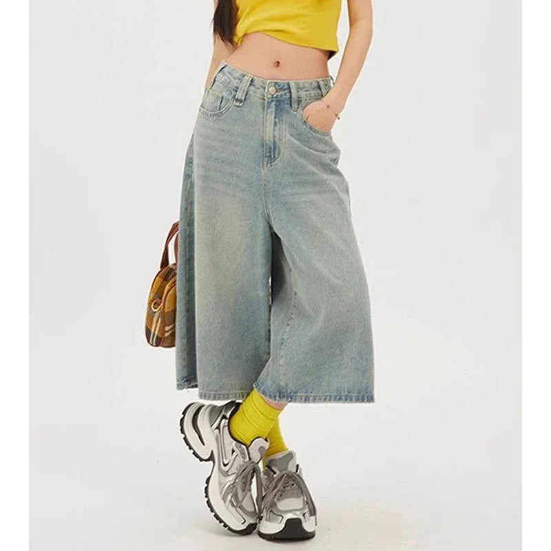 STORESDE 2026 Summer High Street Women Baggy Thin Jeans Female High Waist Capri Pants Girls Solid Color Leisure Denim Shorts
