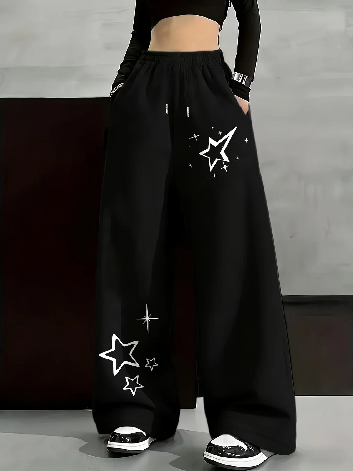 STORESDE New Women's Plus Size Spring Star Print Pants Fleece Elastic Waist Straight Leg Sweatpants Fashionable and Versatile