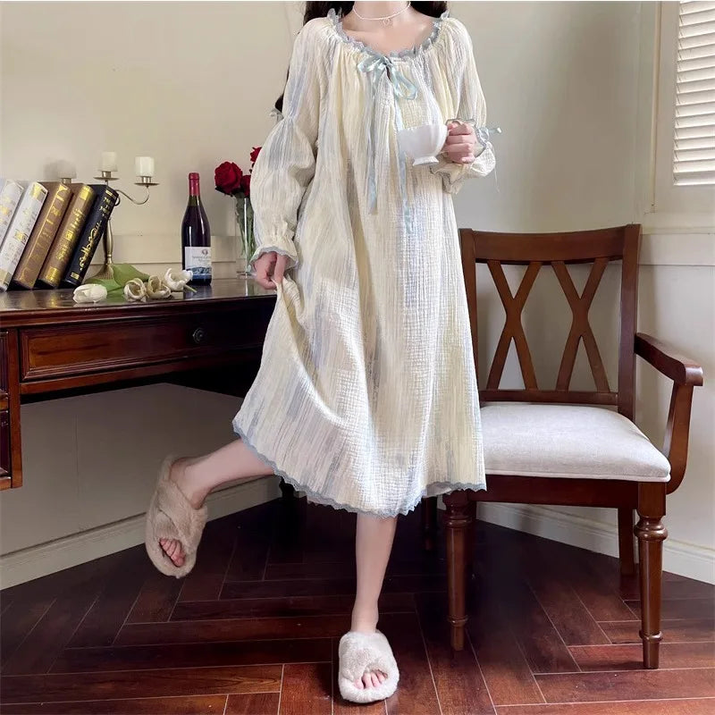 STORESDE Women Pajamas Dress Princess Style Sweet Long Sleeve Nightdress Round Neck Wide Striped Bow Cute Girly Midi Dress Night Wear