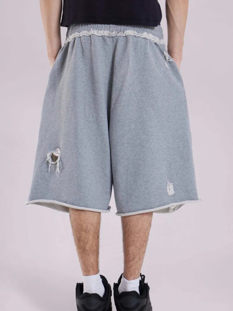 STORESDE HOUZHOU Gray Distressed Baggy Shorts Women Casual Grunge Wide Leg Sport Shorts Hip Hop Streetwear Oversized Holes Sweatpants