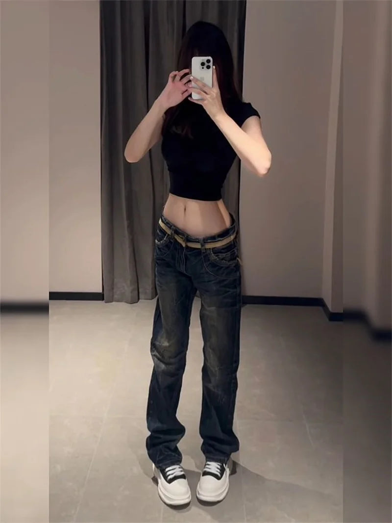 STORESDE American Personalized Gold Wing Embroidered Jeans Children's 2025 Spring Hot Girl Design Sense Low Waist Micro Flared Pants