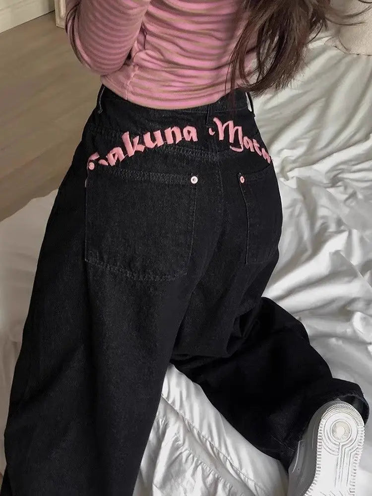 STORESDE Women's Sweet Casual Full Length Baggy Denim Trouser Retro Emo Harajuku Loose Jeans Letter Embroidery High Waist Y2K 2000s Pants