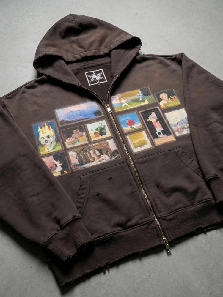 STORESDE Y2K Retro Gallery Hoodie Brown Pixel Painting Art Pattern Zip Up Sweatshirt Trendy Classic Streetwear Unisex Oversize Clothing