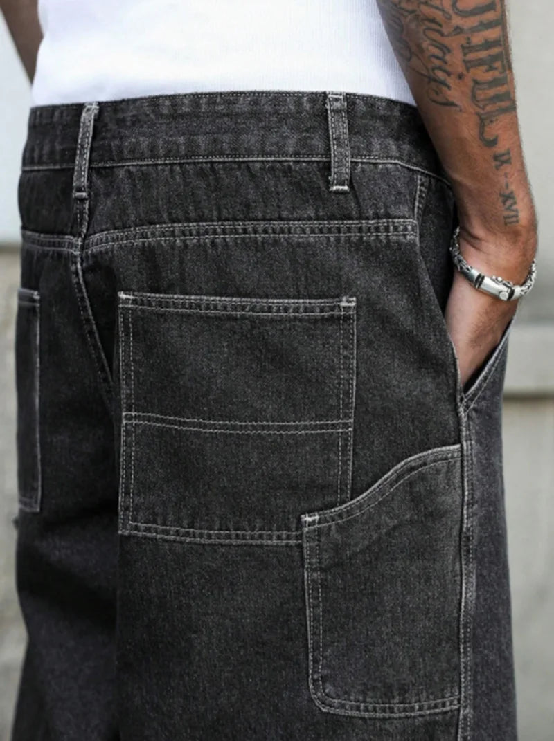 STORESDE Men's Summer Black-Grey Loose Baggy Denim Shorts