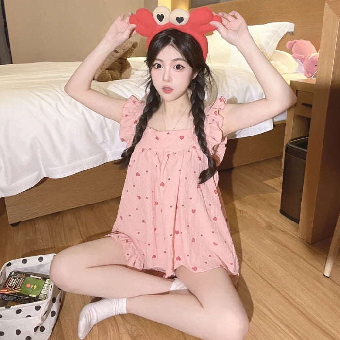 STORESDE Allover Cartoon Print Lounge Set Ladies Summer Cute Ruffle Sleeve Square Neck Top & Shorts Kawaii Women's Loungewear Summer