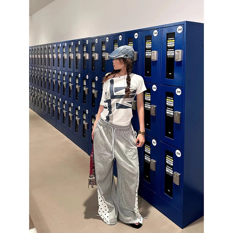 STORESDE YIBASHU Women Gray Baggy Wide Leg Sweatpants Oversize Dot Splice Pants Harajuku Japanese 2000s Style Vintage Y2k Dance Trouser