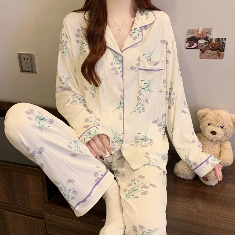 STORESDE Pink Bow Tie Design Pajamas for Women Long Sleeve Top & Elastic Waist Pants Pajamas Set Harajuku Style Casual New Home Wear