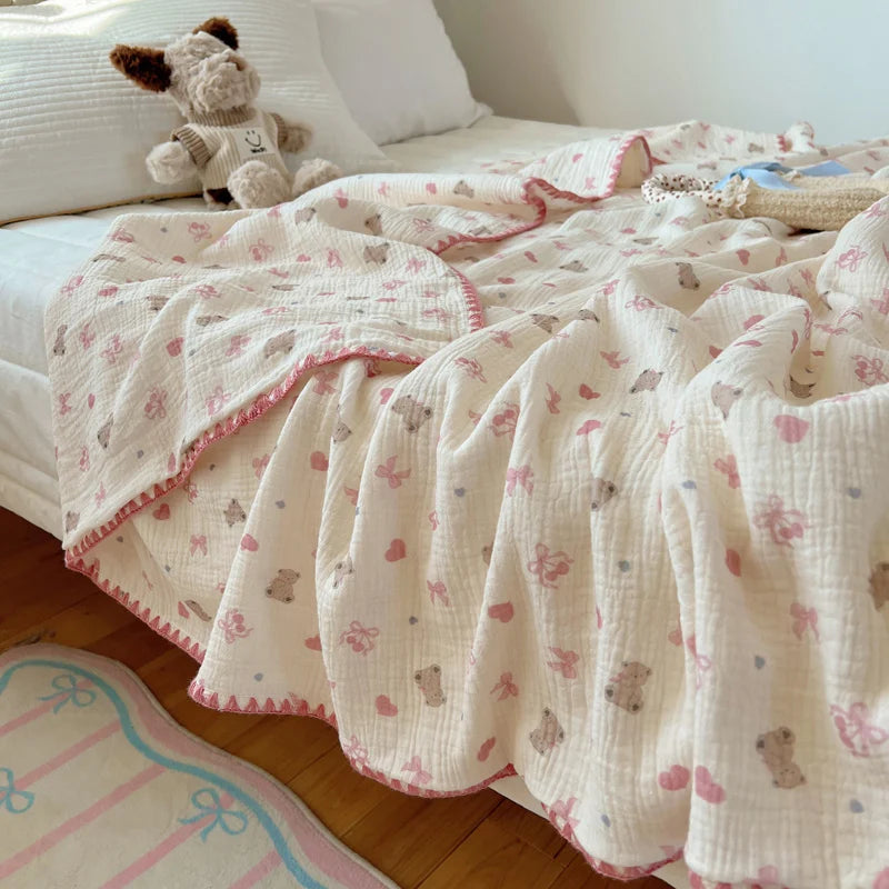 STORESDE 100% Cotton Blanket INS Style Pure Cotton Crepe Yarn Summer Blanket Single/Queen/King Size Cartoon Quilt for Kids Soft Plaids