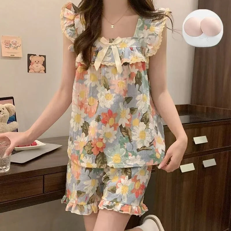 STORESDE Set Sexy Women Summer Pajamas Sleeveless Sleepwear Trousers Sets Short Sleeve Sleepwear Women's Pajama Sleeping Sleep Lounge