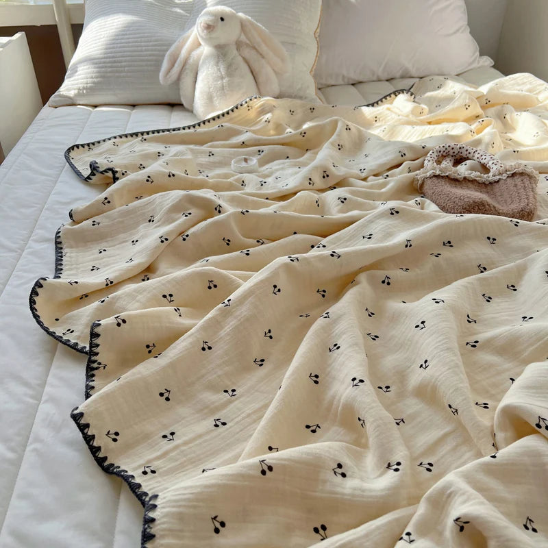 STORESDE 100% Cotton Blanket INS Style Pure Cotton Crepe Yarn Summer Blanket Single/Queen/King Size Cartoon Quilt for Kids Soft Plaids