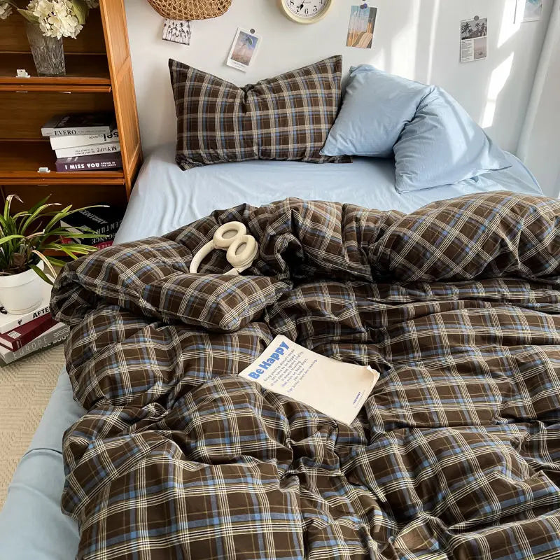 STORESDE Bedding Set Ins Ambiance Blue Coffee Grid Mixed With Washed Cotton Minimalist Four Piece Set Fitted Sheets Duvet Cover
