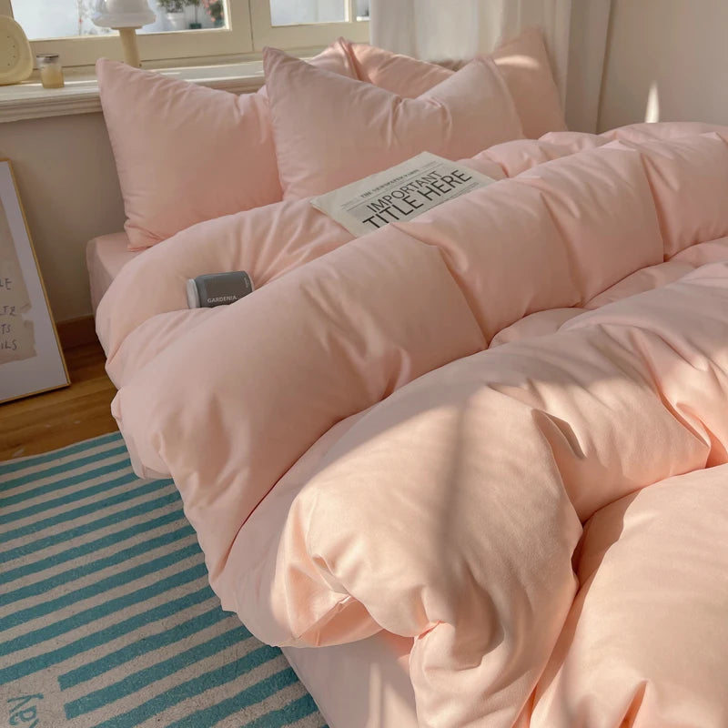 STORESDE Cotton Bedding Set 4pcs with Solid Bed Sheet Duvet Cover Pillowcases Single Couple Bedsheet King Queen Double Twin Size