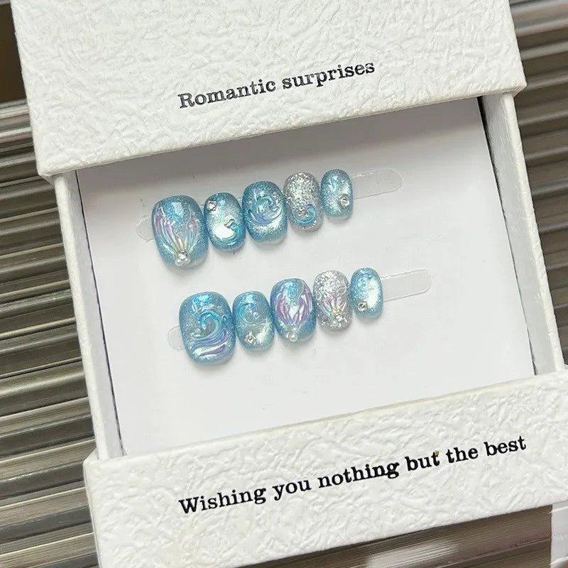 STORESDE 10pcs Handmade Press On Nails Cute Starfish Cat's Eye Aurora Fake Nail Tips Wearable Fantasy Mermaid Short Square False Nails