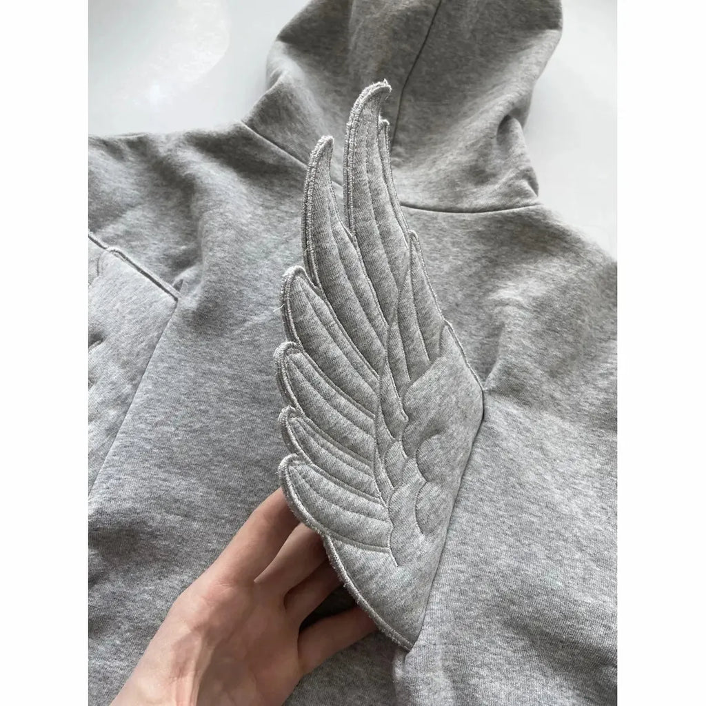 STORESDE Women Grey Angel Wing Embroidered Hoodie Cute Kawaii Pullover Sweatshirt Wing Decoration Back Y2K Street Harajuku Loose Pullover