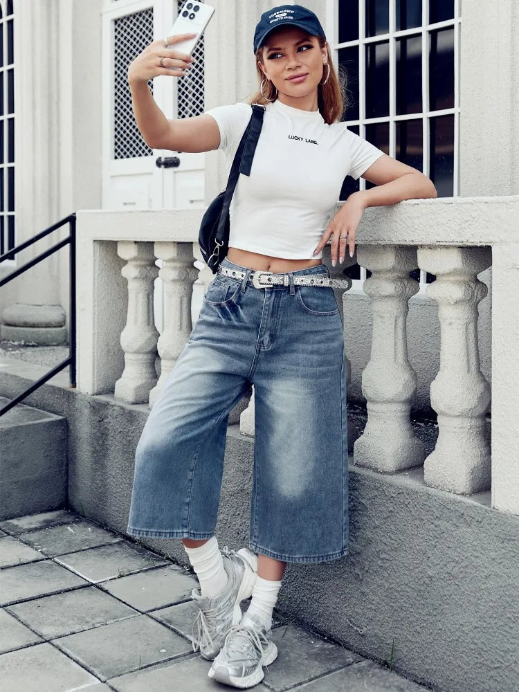 STORESDE New Loose Wide Leg No Elastic Denim Jeans Women's Casual Trousers American Korean Style Y2K Seven-Foot Pants
