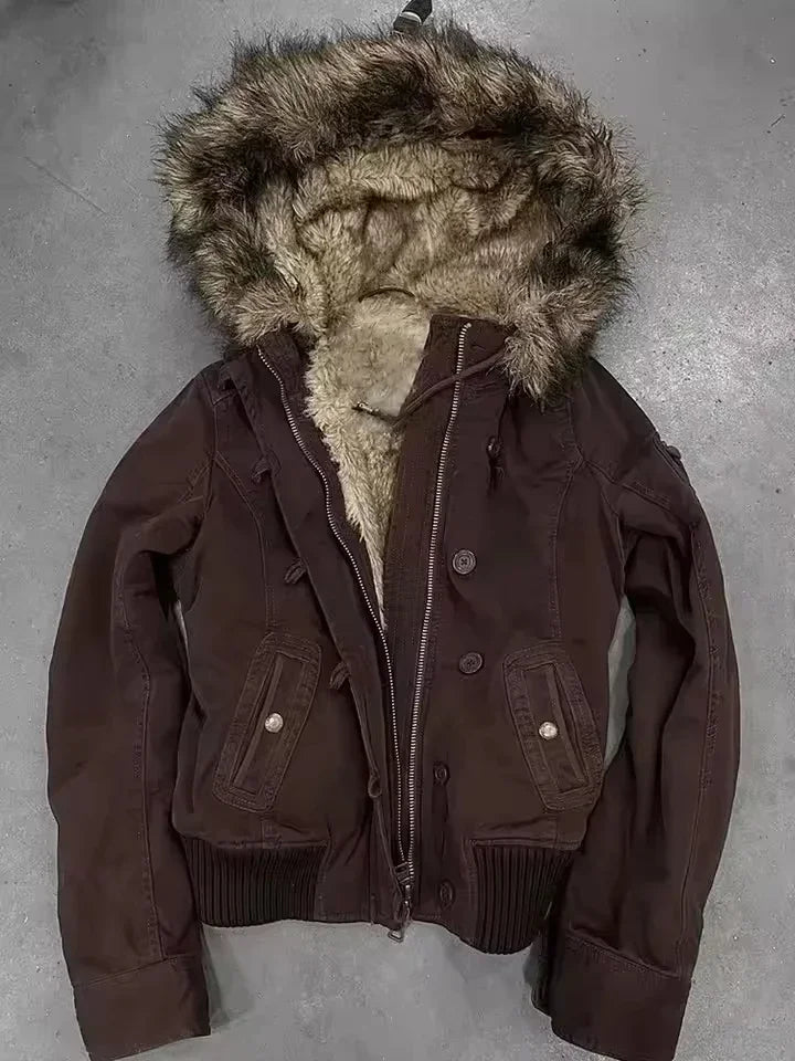 STORESDE Winter Fashion New Solid Color Fur Collar Hooded Cotton-padded Jacket Women Y2K Street Vintage Pop College Cotton-padded Jacket