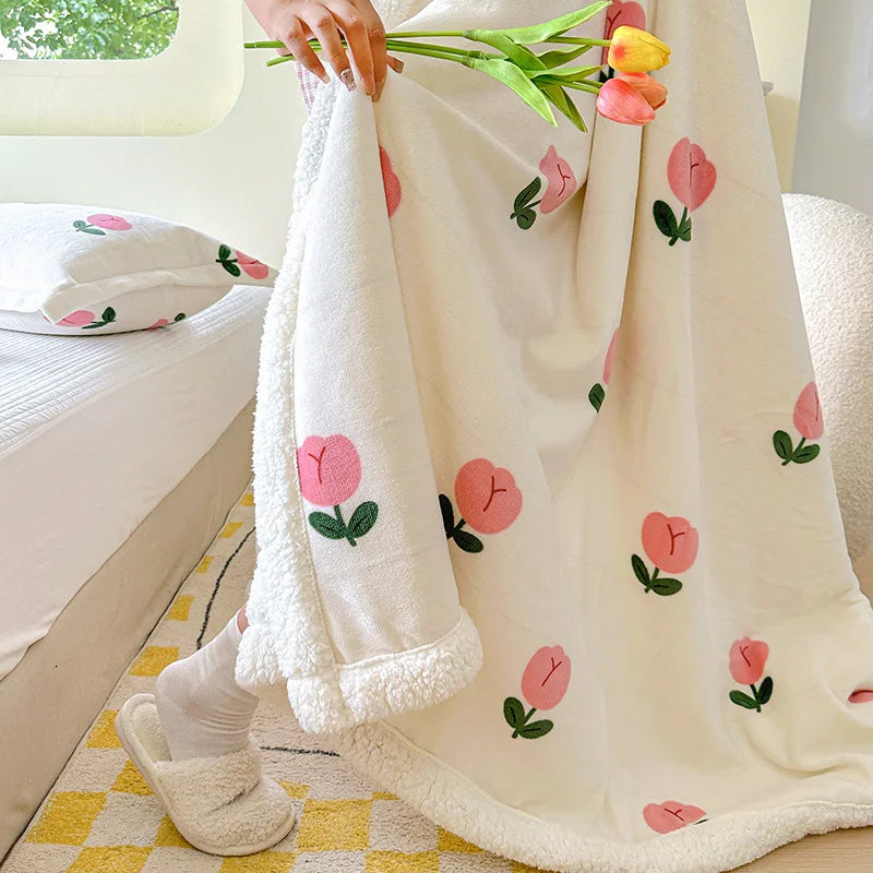 STORESDE Winter Cartoon Printed Lamb Wool Blanket Thick and Warm Coral Fleece Blanket for Office Napping Fluffy Soft Plush Bedspread
