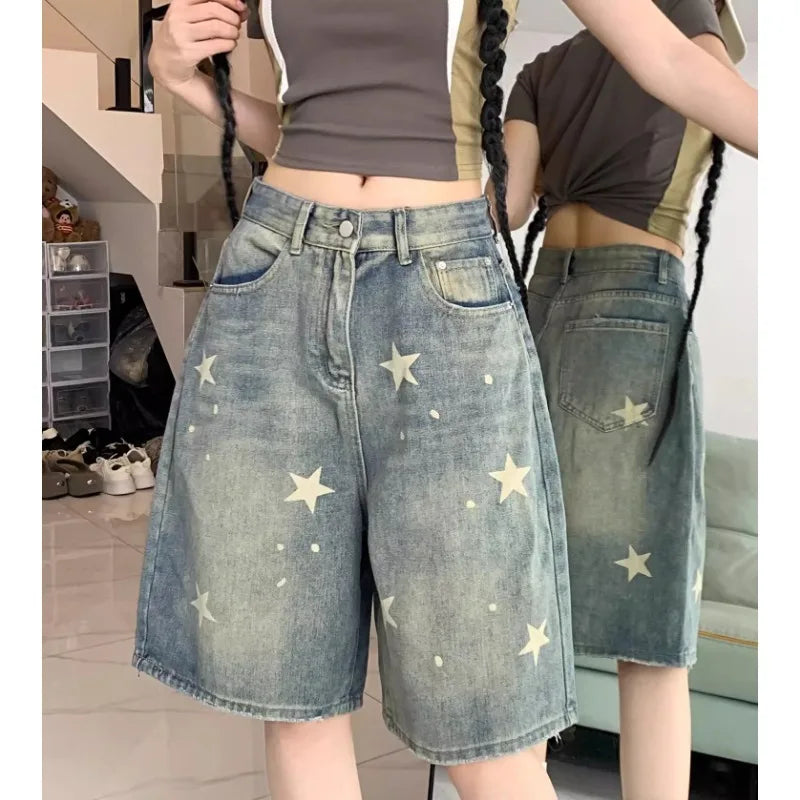 STORESDE Casual Floral Print Loose Wide Leg Womens Jeans New American Retro Star Design Straight Leg Comfort Stretch Soft Denim Shorts