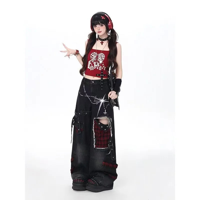 STORESDE Y2K High Street Red Letter Embroidered Baggy Jeans Women Gothic American New Straight Pants Fashion Street Retro Wide-leg Pants