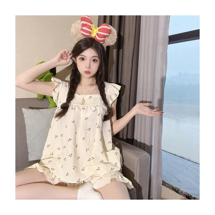 STORESDE Allover Cartoon Print Lounge Set Ladies Summer Cute Ruffle Sleeve Square Neck Top & Shorts Kawaii Women's Loungewear Summer