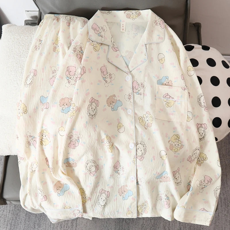 STORESDE Korean Sweet Cute Cartoon Cat Print Women's Pajamas Kawaii Casual All-match New Pajamas Set for Women Autumn V-neck Nightwear